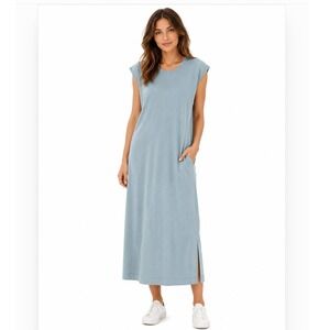 Zenana French Terry Sleeveless Round Neck Midi Dress Large Dusty Teal Pockets